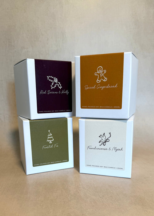 Mora Christmas Candle boxes Spiced Gingerbread Red Berries and Holly Frosted Fir and Frankincense and Myrrh
