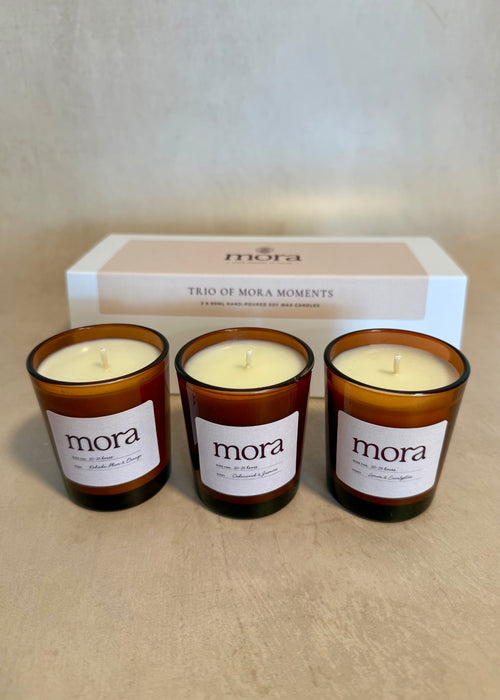 Trio of Mora Moments Core Collection  Gift Set Three Votive Candles amber jars